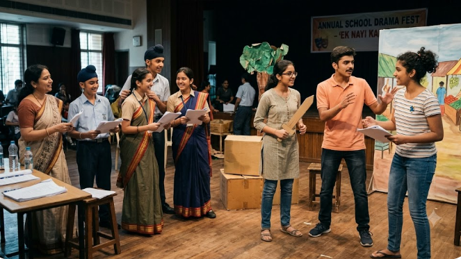 Students and teacher participating in school drama festival rehearsal