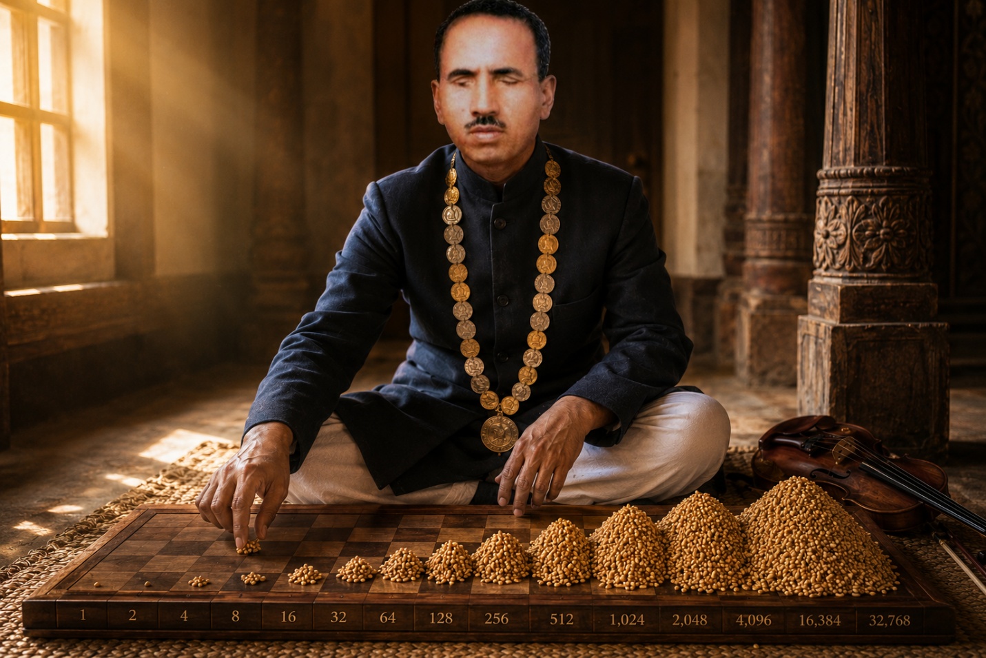 Ganithavadhani Lakkoju Sanjeevaraya Sharma calculating on a chessboard with wheat grains